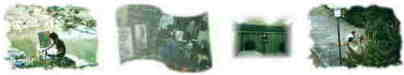 写真左より、1998年合宿=勝尾寺の池のほとり・1997年制作風景=木炭デッサンは基本だす！・1999年合格決定パーティ=:研究所に突然、舞台出現！・1998年合宿=箕面の勝尾寺石段のとこ。